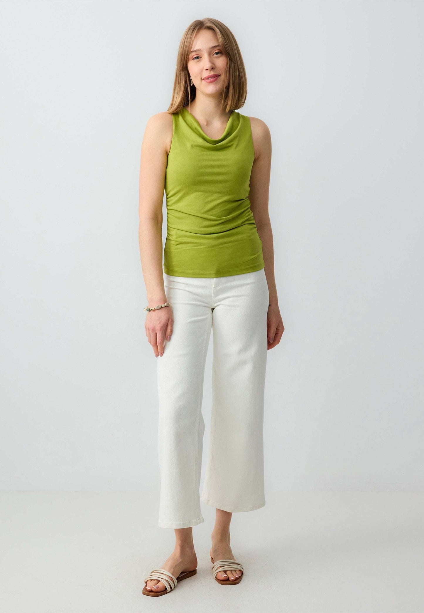 Straight Cut Draped Collar Sleeveless Knitted Blouse