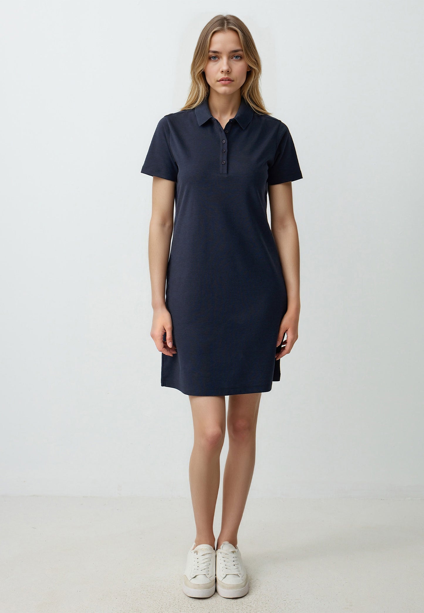Straight Cut Shirt Collar Short Sleeve Mini Knitted Dress