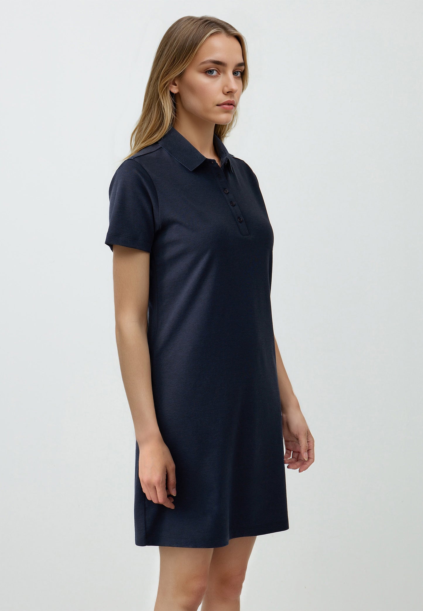 Straight Cut Shirt Collar Short Sleeve Mini Knitted Dress