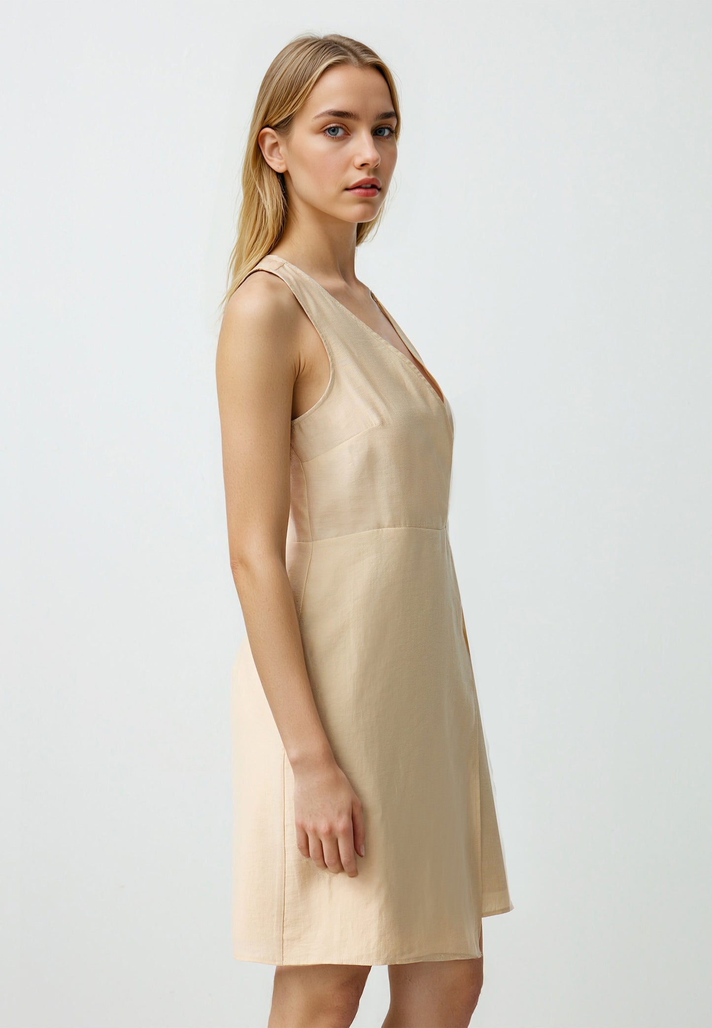 V Neck Sleeveless Woven Mini Dress With Bow Detail