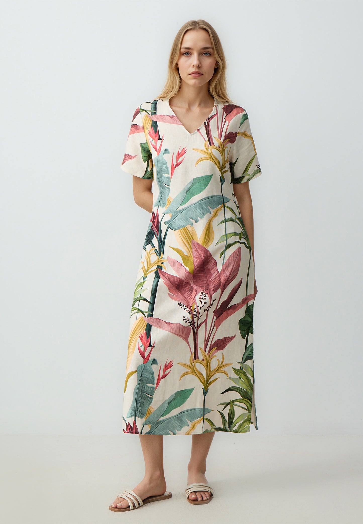 Regular Fit V-Neck Woven Ecru Dress