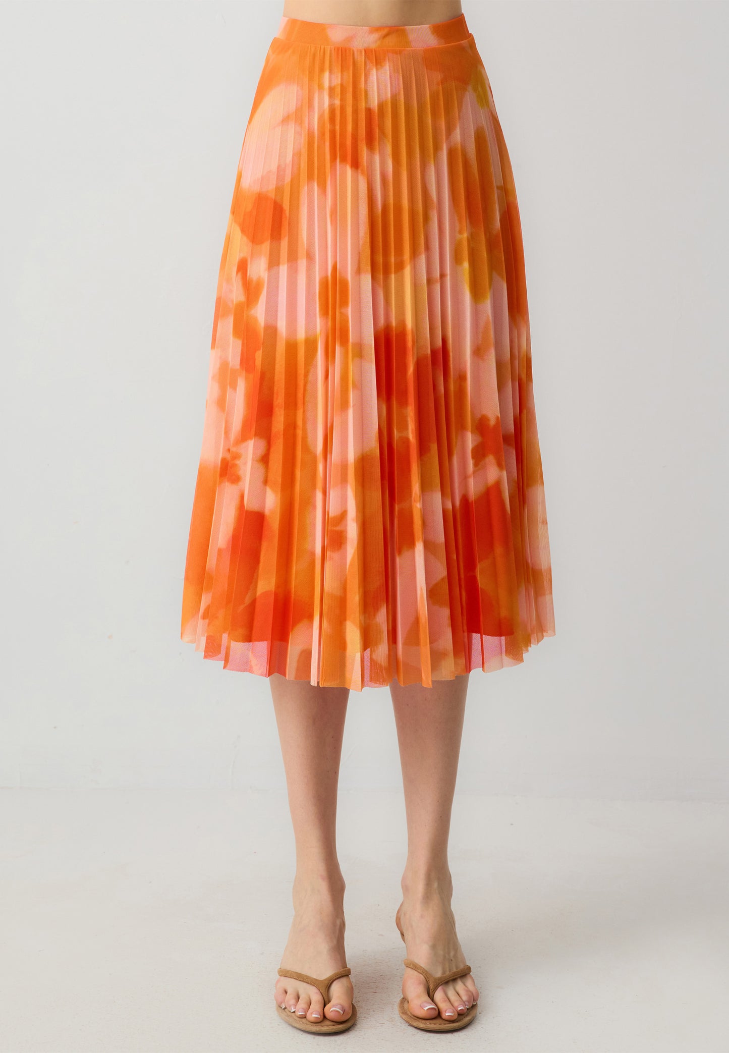 Regular Waist Pleated Floral Patterned Mesh Knitted Midi Skirt