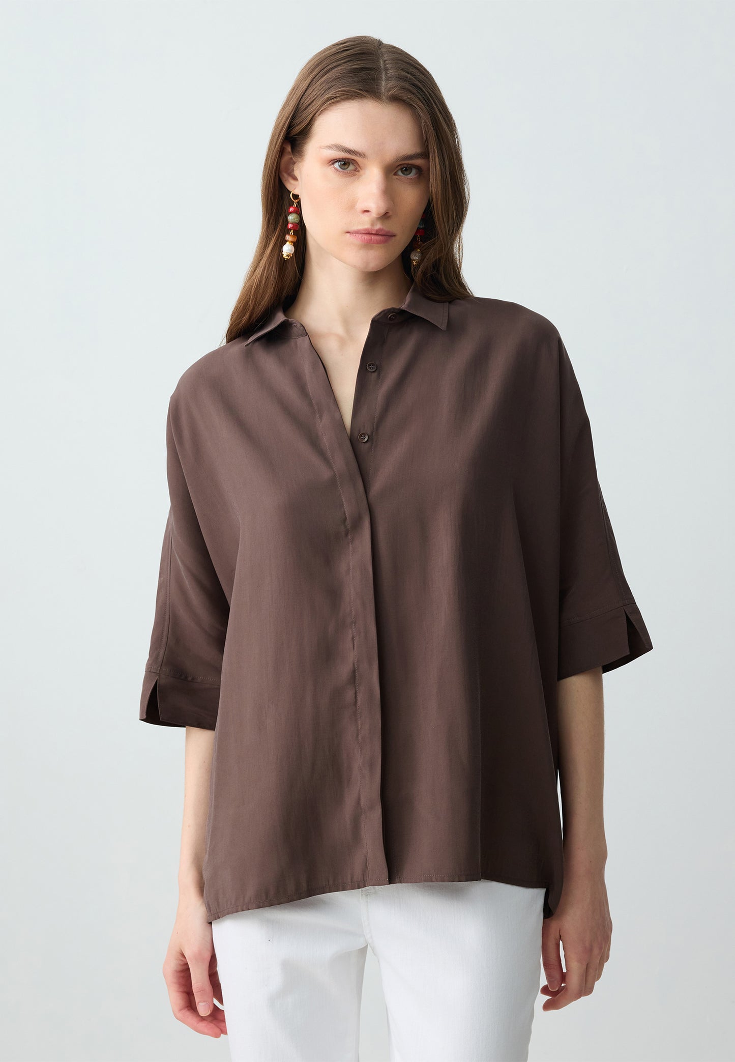 Loose Fit Shirt Collar Woven Biiter Brown Shirt