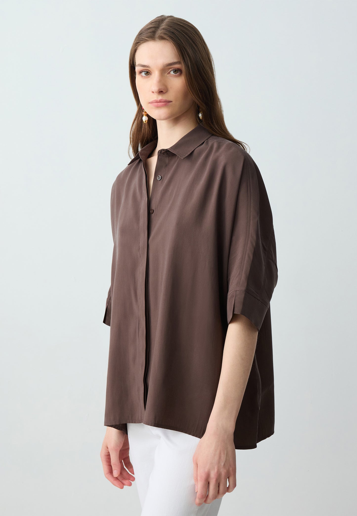 Loose Fit Shirt Collar Woven Biiter Brown Shirt