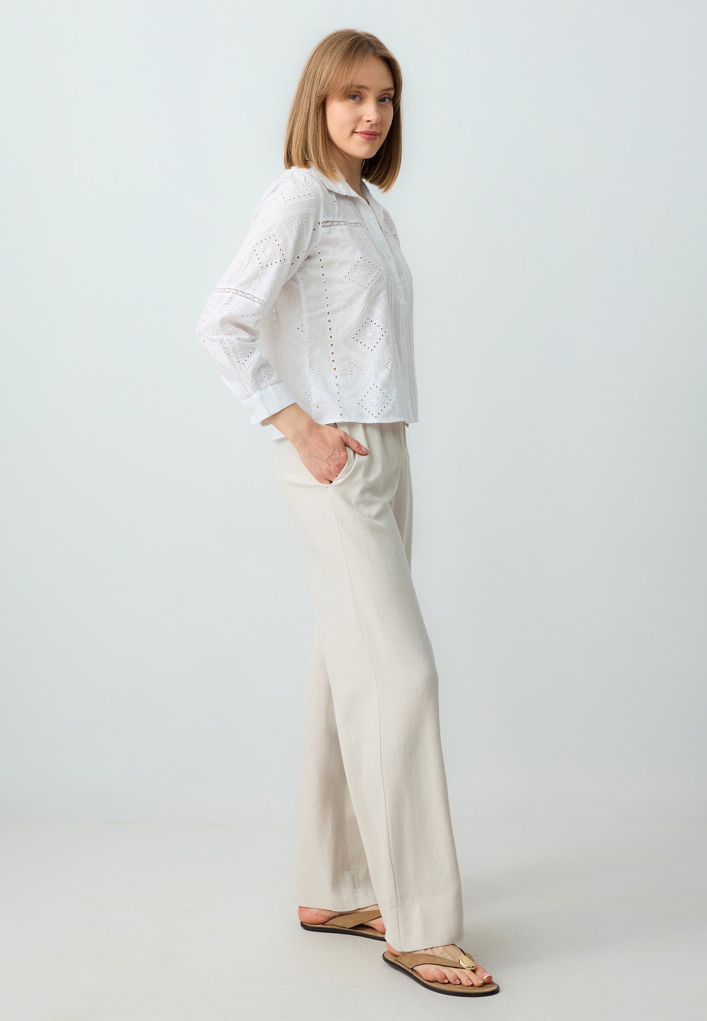 Loose Fit Long Wide Leg Stone Woven Trousers
