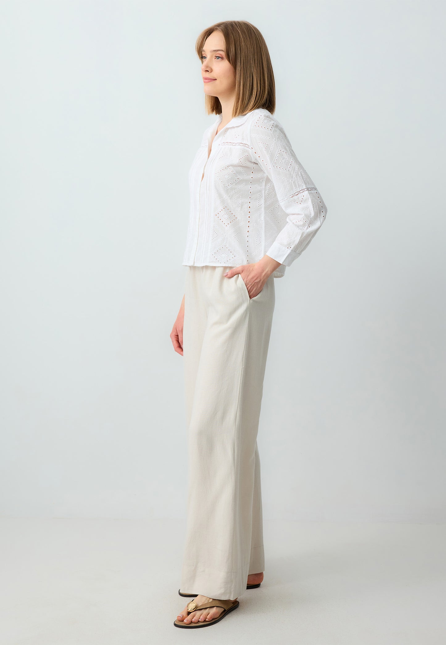 Loose Fit Long Wide Leg Stone Woven Trousers