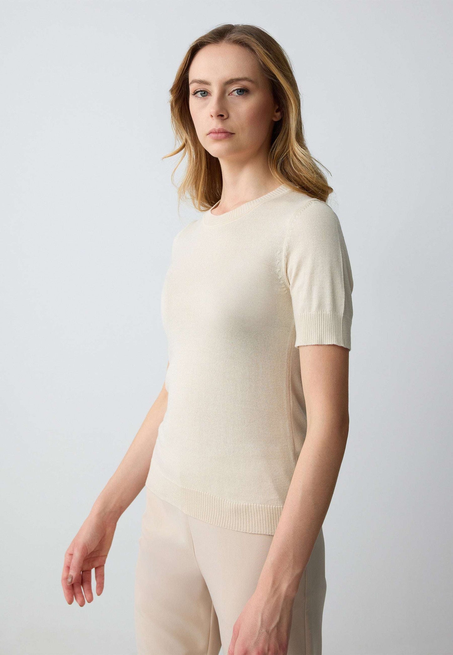 Crew Neck Short Sleeved Tricot Sweater
