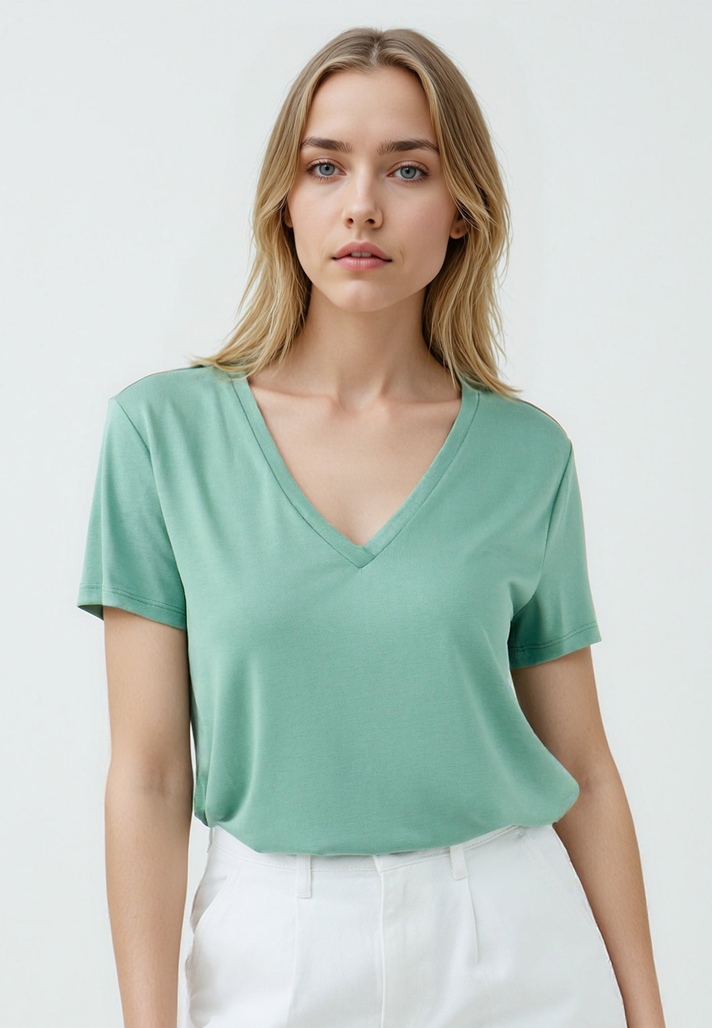 Regular Fit V-neck Knitted Green T-shirt
