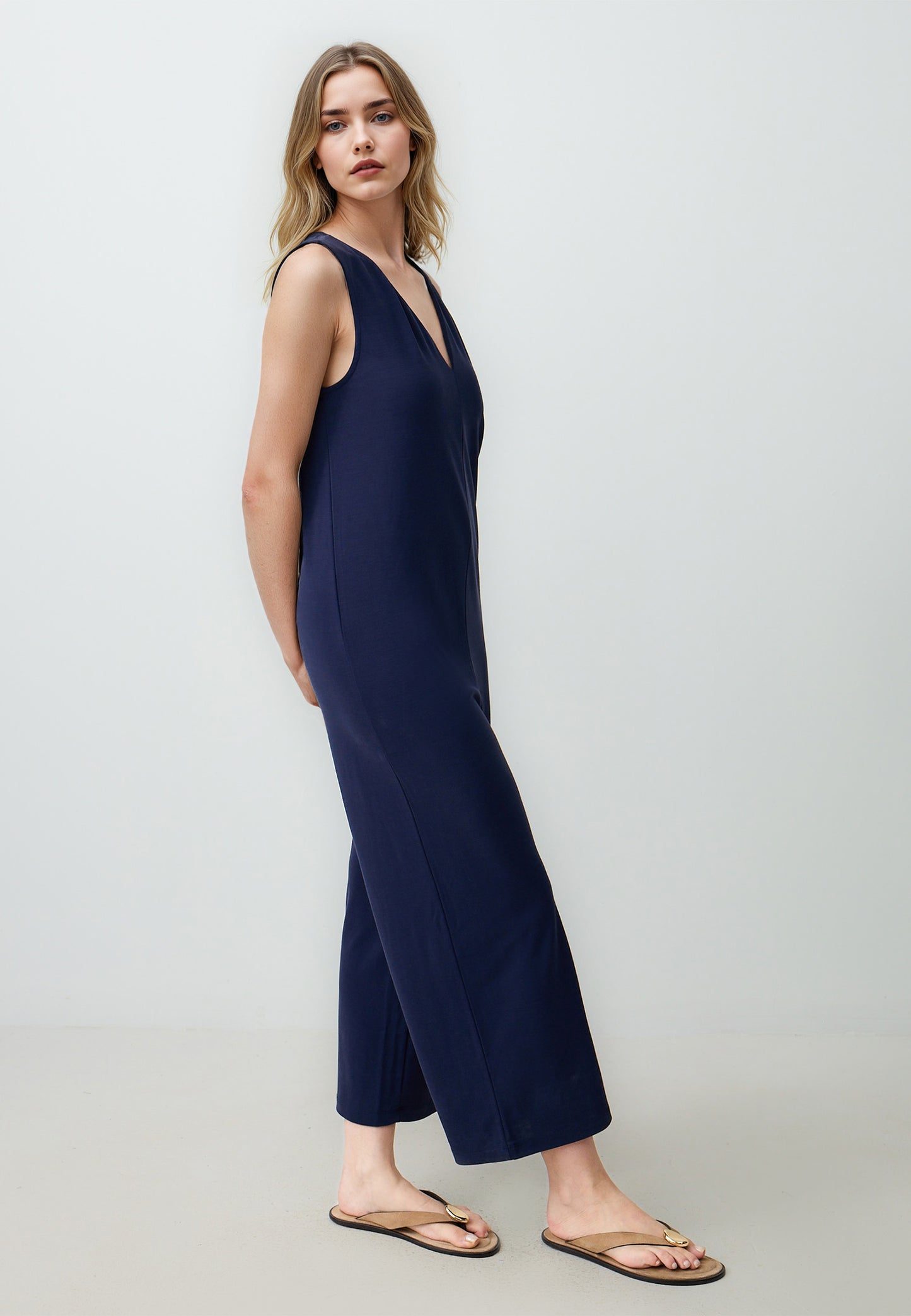 Straight Cut V-Neck Knitted Jumpsuit