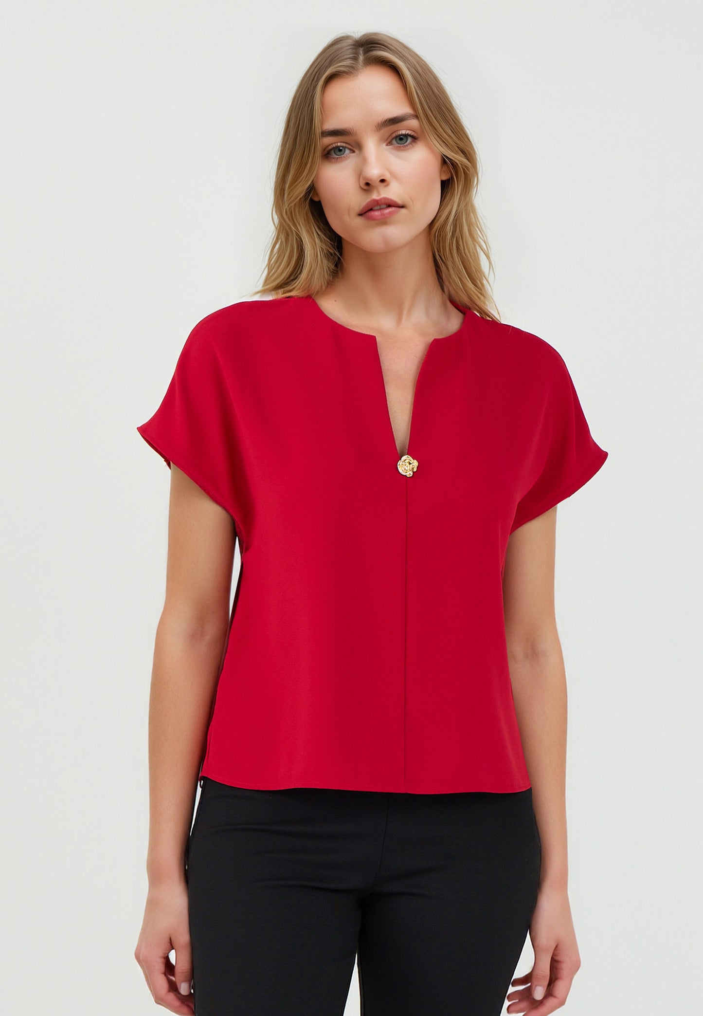 Regular Fit V-Neck Red Woven Blouse