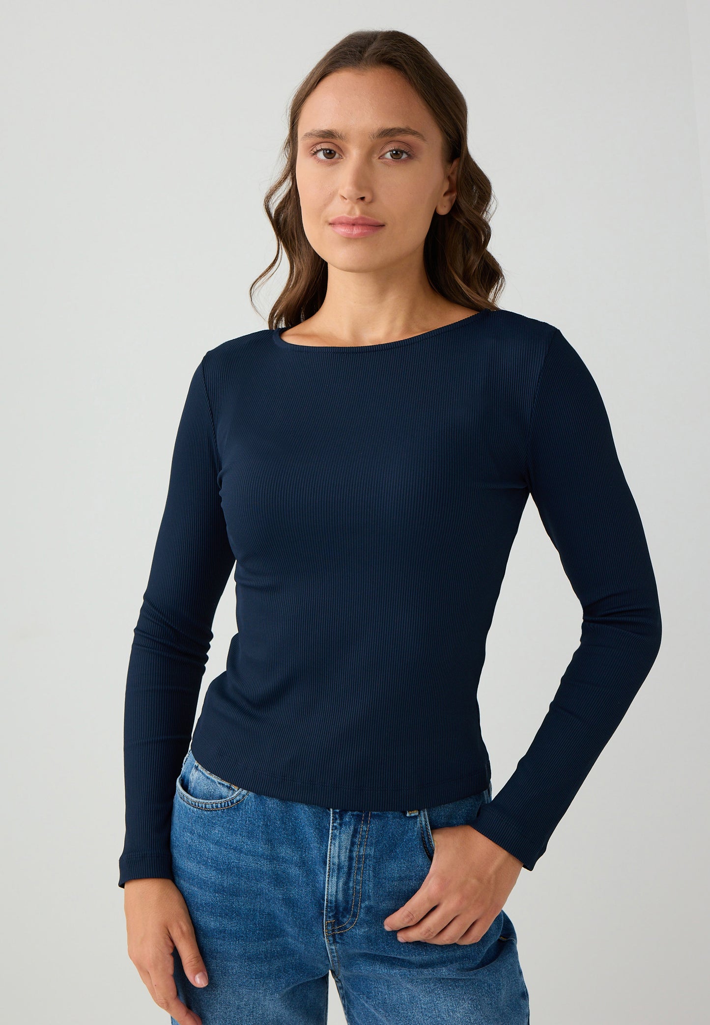 Slim Fit Off-the-shoulder Knitted Dark Blue Blouse