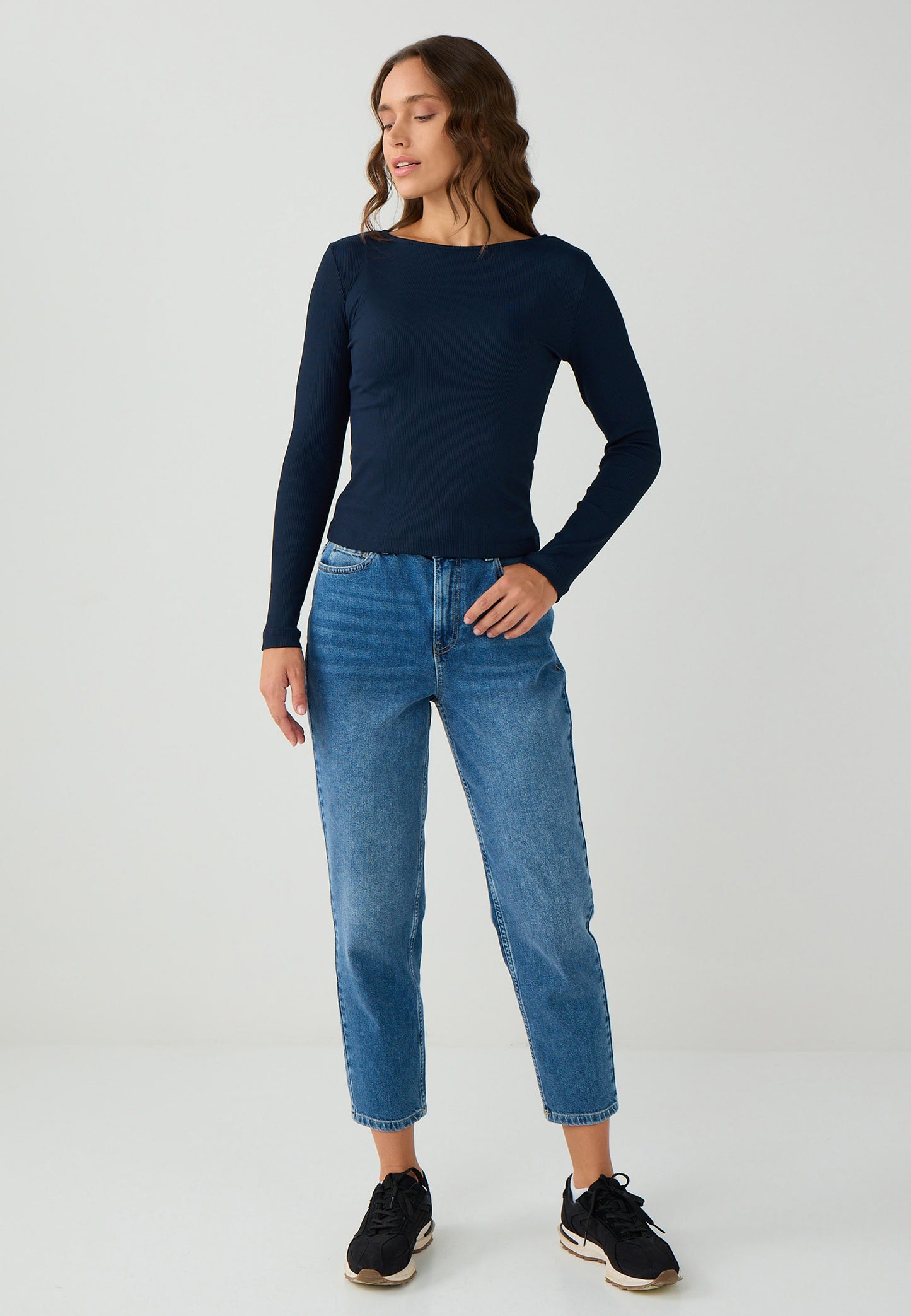 Slim Fit Off-the-shoulder Knitted Dark Blue Blouse
