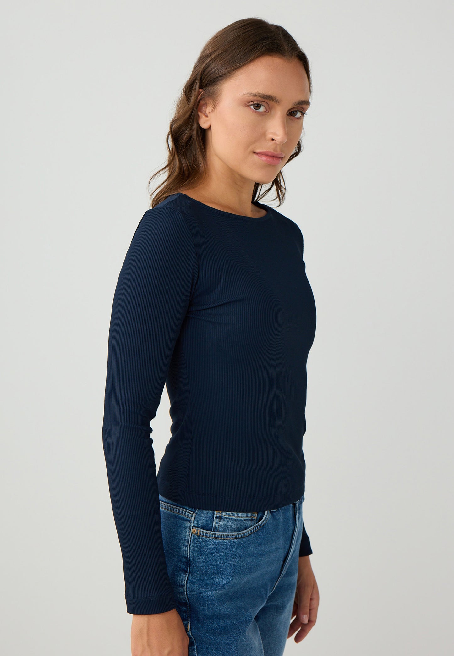 Slim Fit Off-the-shoulder Knitted Dark Blue Blouse