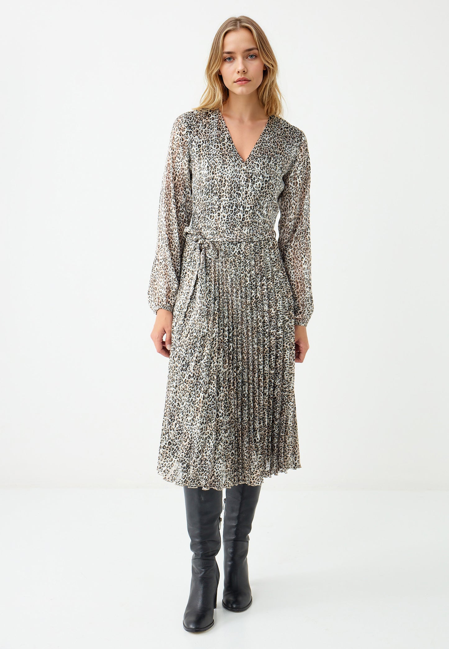 Double-Breasted Leopard Print Chiffon Midi Dress