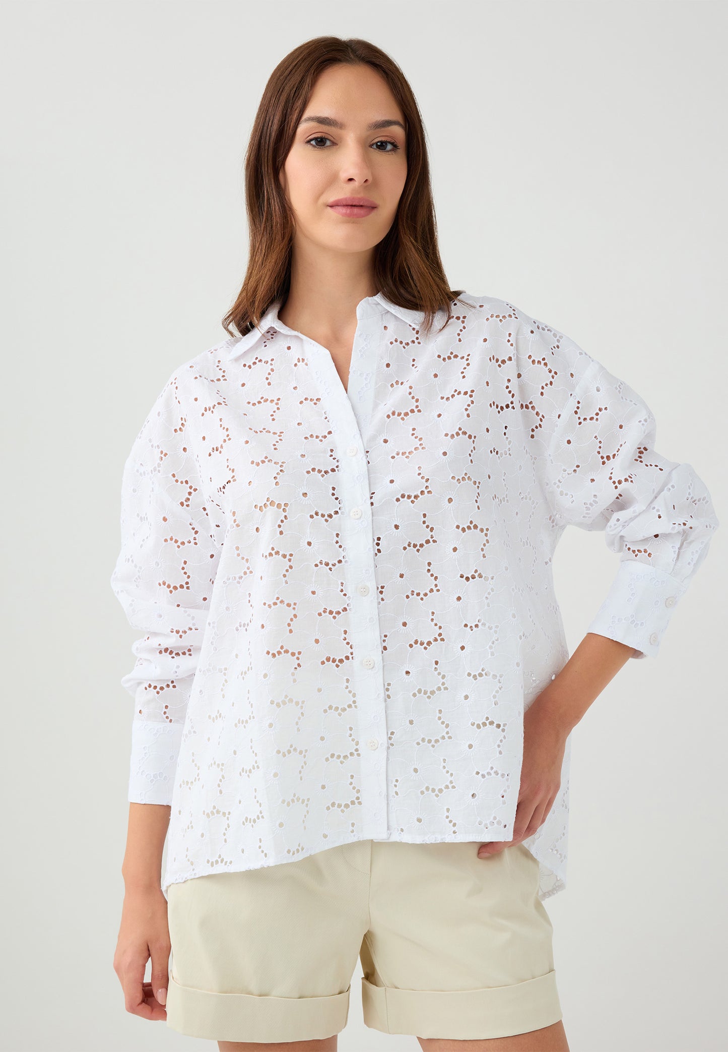 Loose Fit Shirt Collar Woven White Shirt