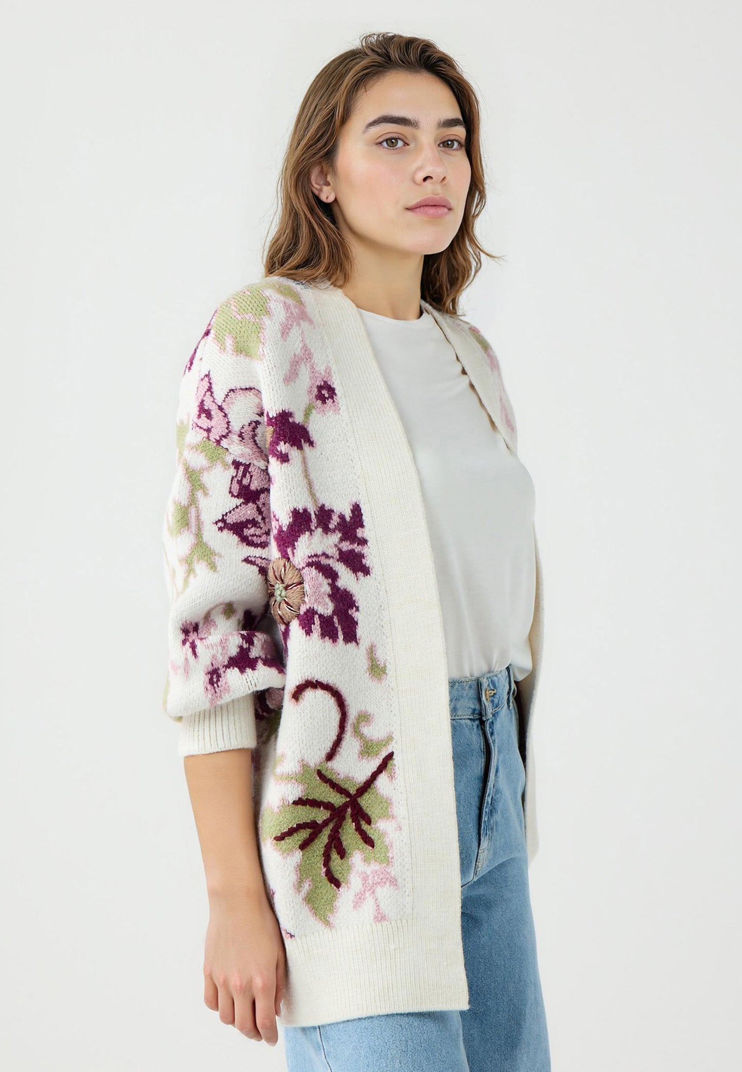 Loose fit Ecru Long Sleeve Tricot Cardigan