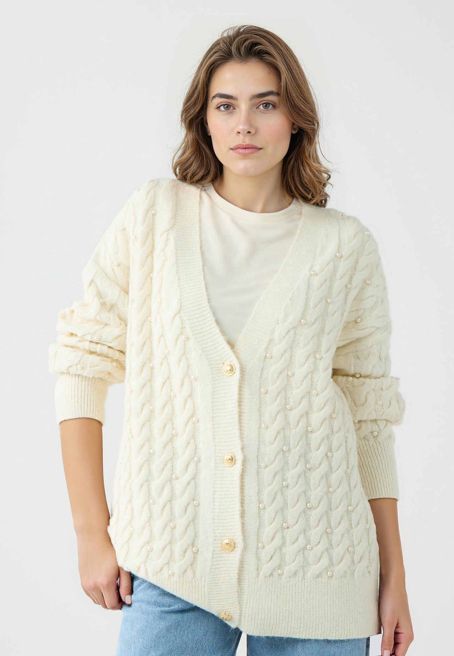 V-Neck Loose Fit Pearl Detail Knit Cardigan
