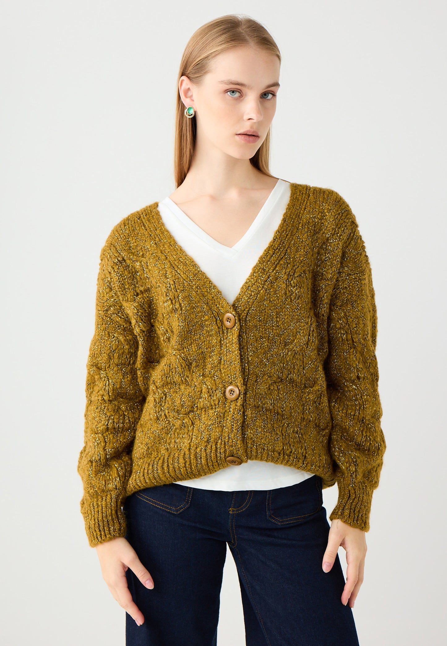 V-Neck Loose Fit Sequined Knit Cardigan