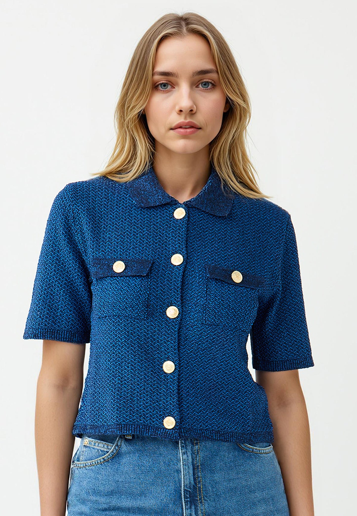 Short Sleeve Shirt Collar Knit Cardigan