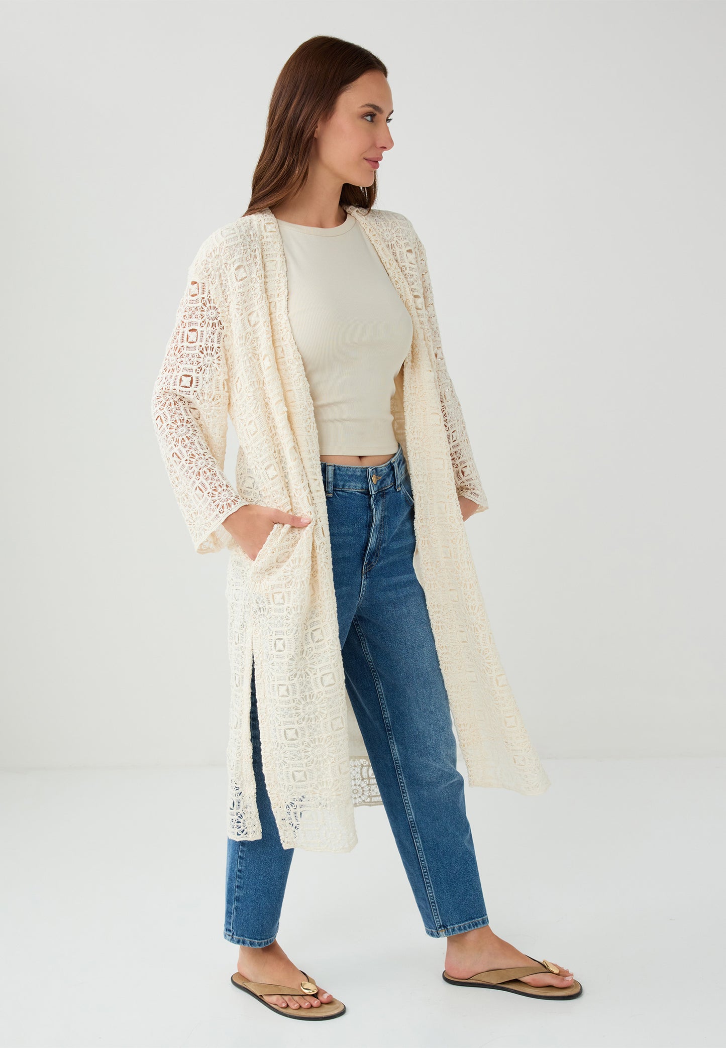 Regular Fit Woven White Cardigan