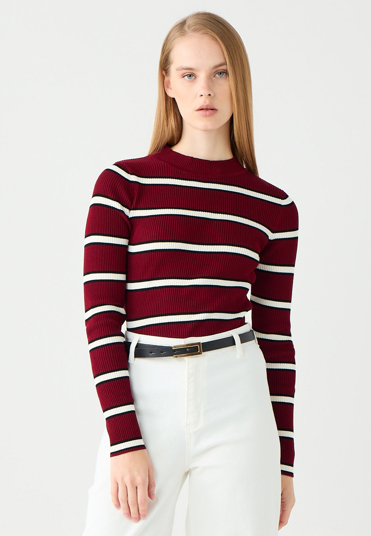 Half Boat Neck Striped Knit Sweater