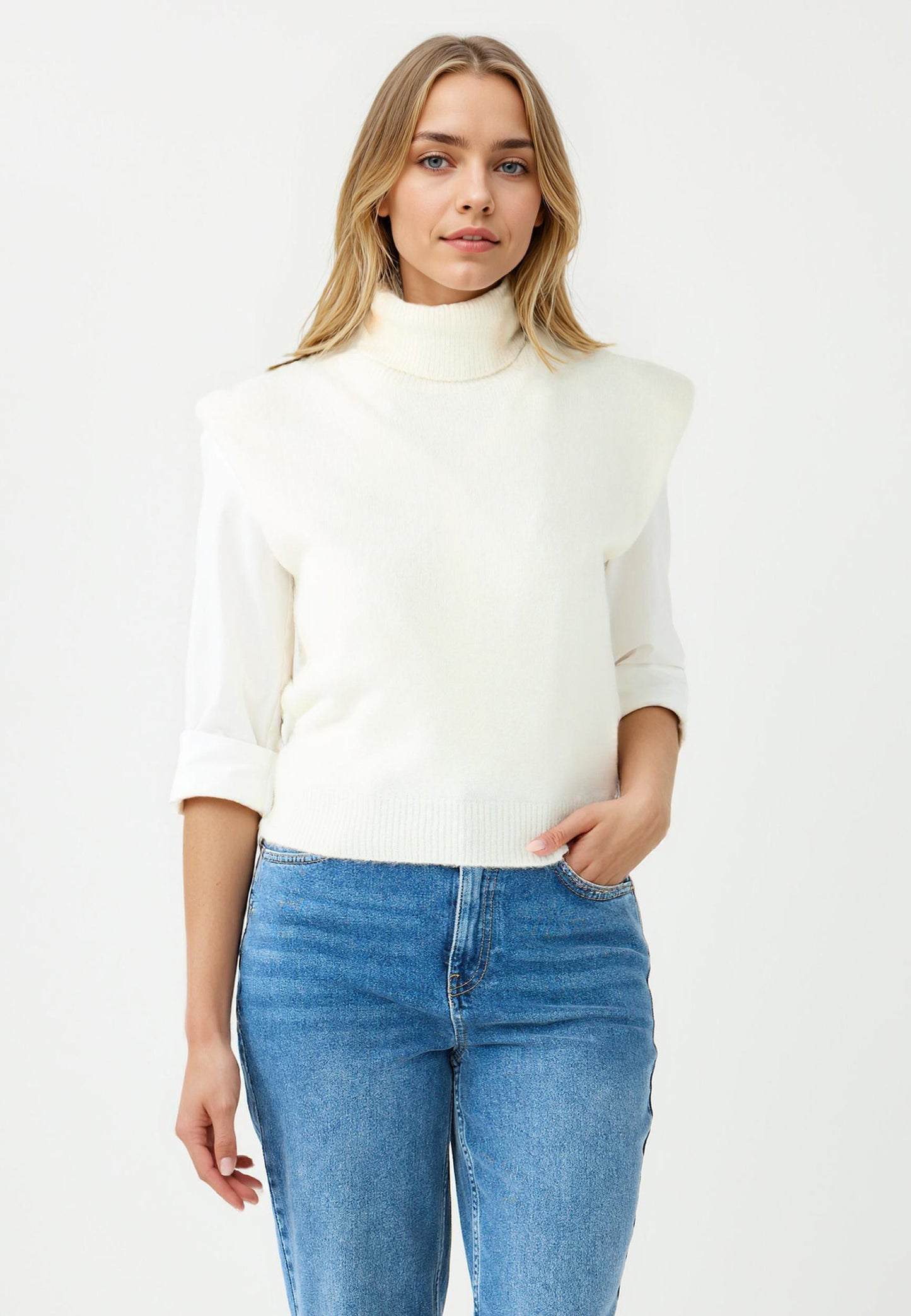 Regular Fit Polo Neck Ecru Tricot Sweater