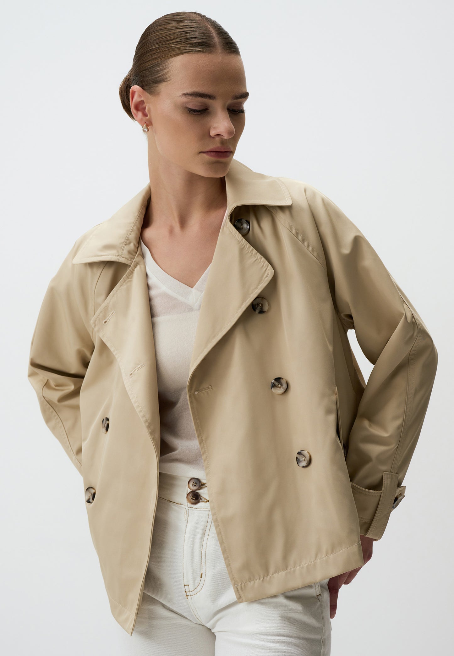 Regular Fit Cache-Coeur Beige Tafetta Trenchcoat