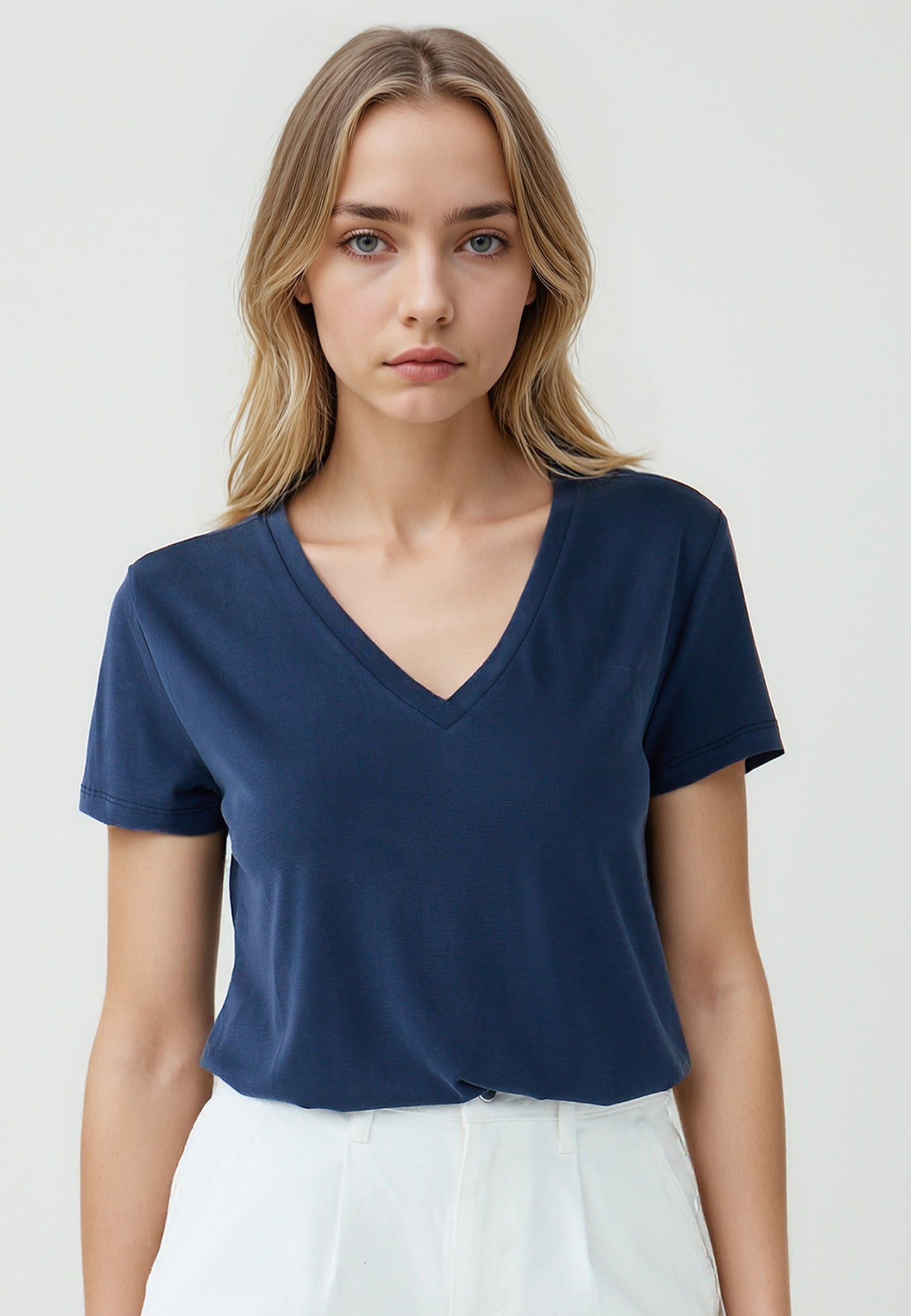 Straight Fit V-Neck Short Sleeved Basic T-Shirt
