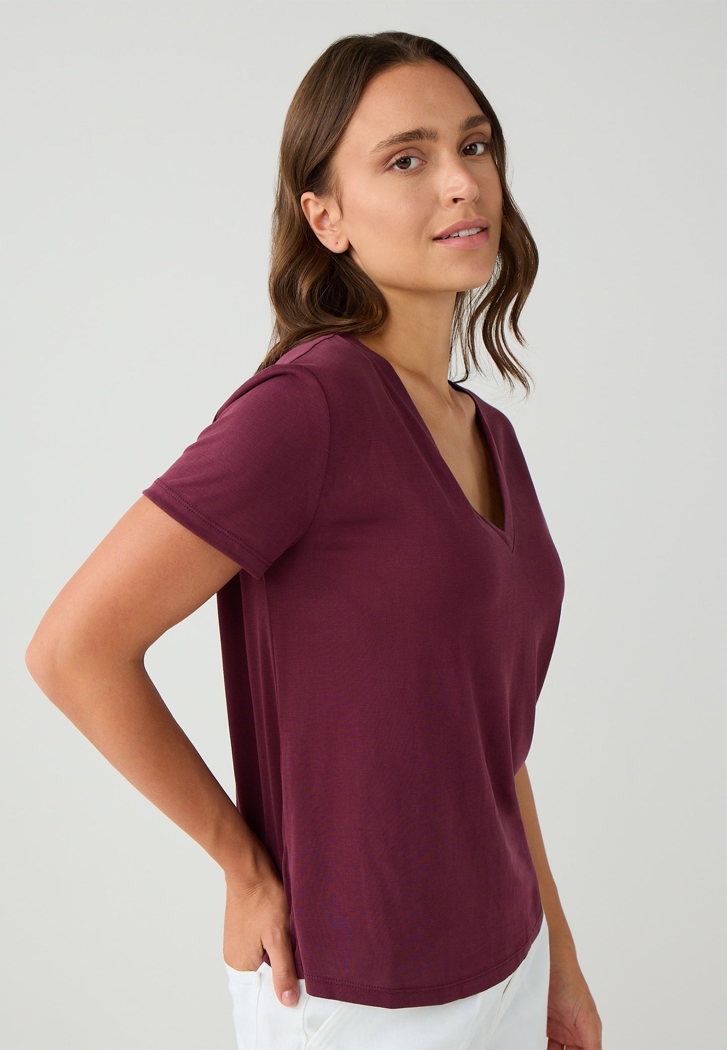 Regular Fit V-neck Knitted Burgundy T-shirt