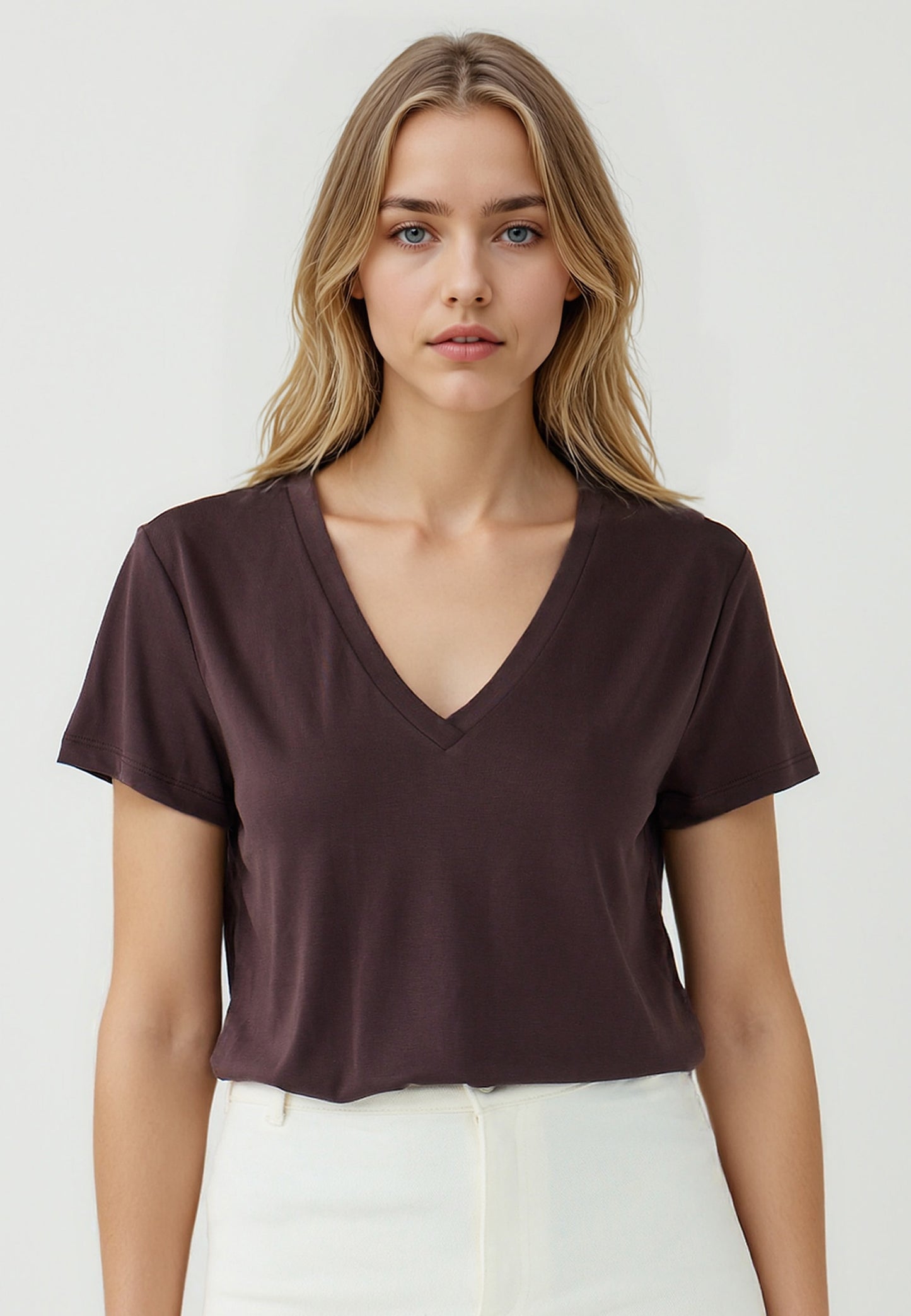 Straight Fit V-Neck Short Sleeved Basic T-Shirt