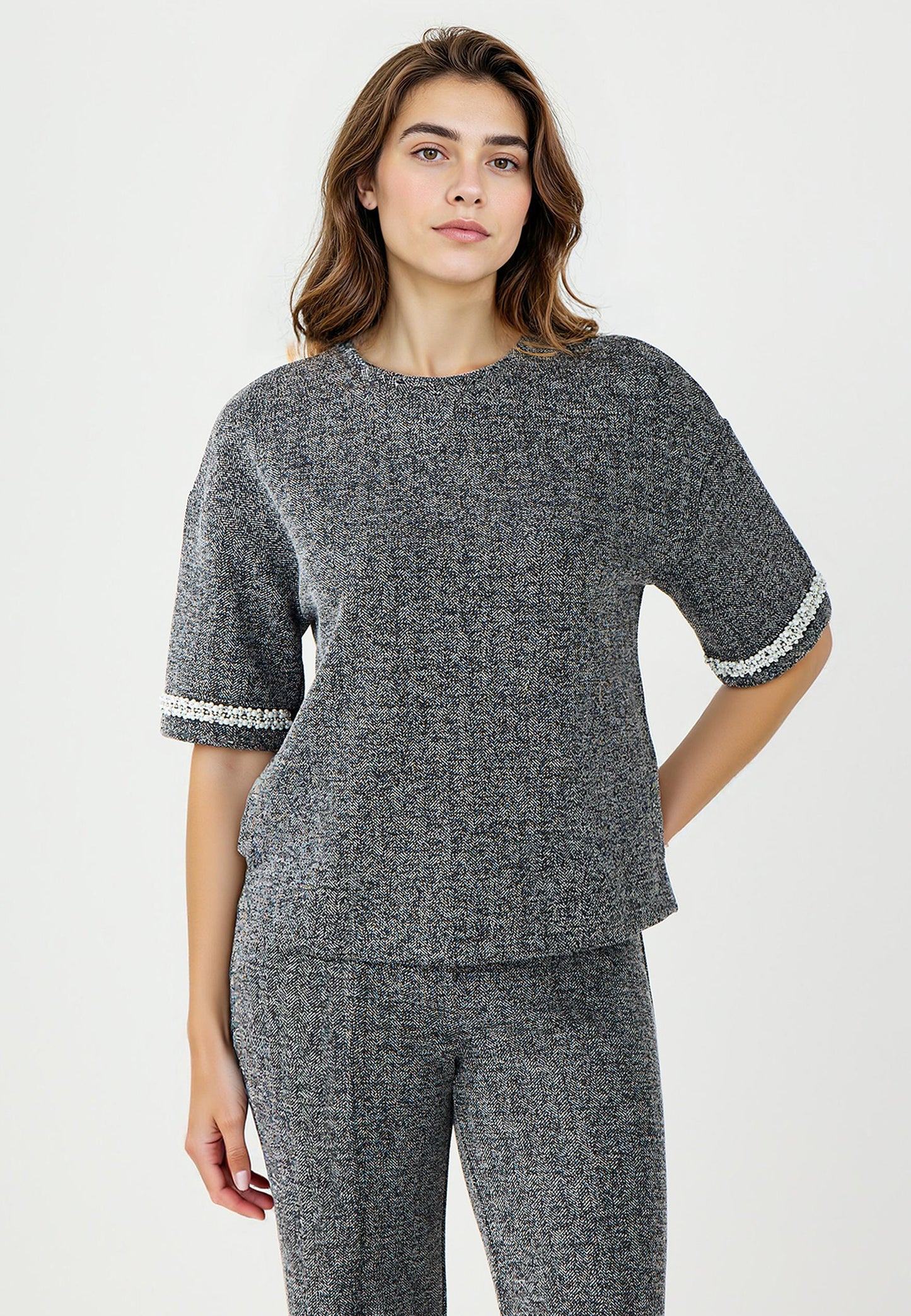 Bicycle Neck Sleeve End Bead Detail Knit T-Shirt