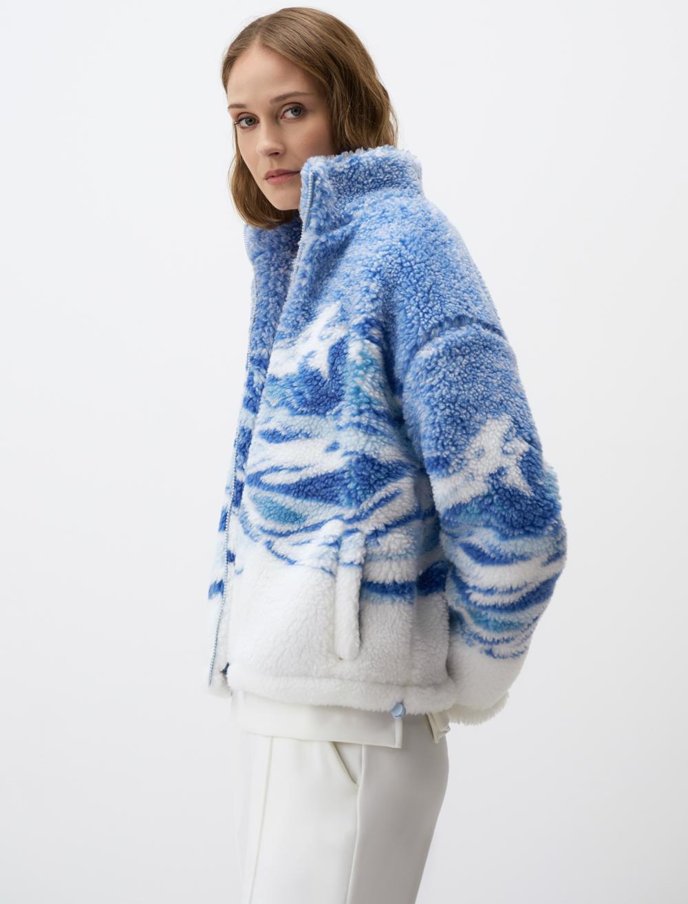 Turtleneck Winter Patterned Plush Jacket with Zipper