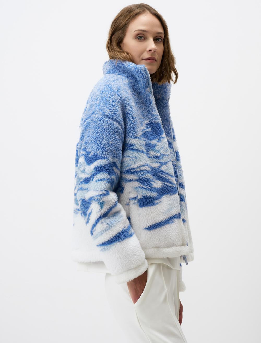 Turtleneck Winter Patterned Plush Jacket with Zipper