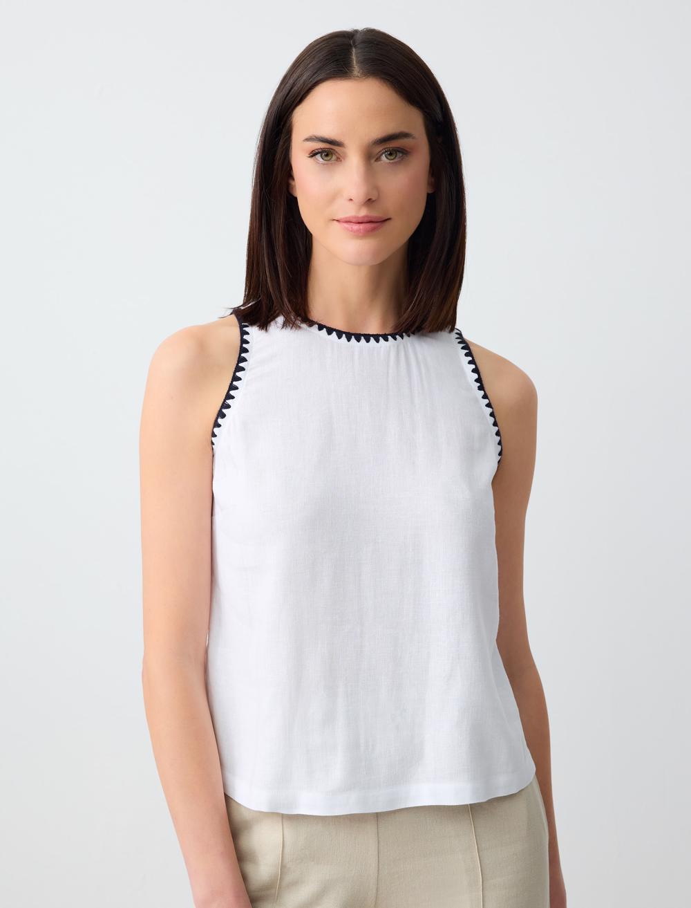 Crew Neck Sleeveless Embroidered Linen Blouse
