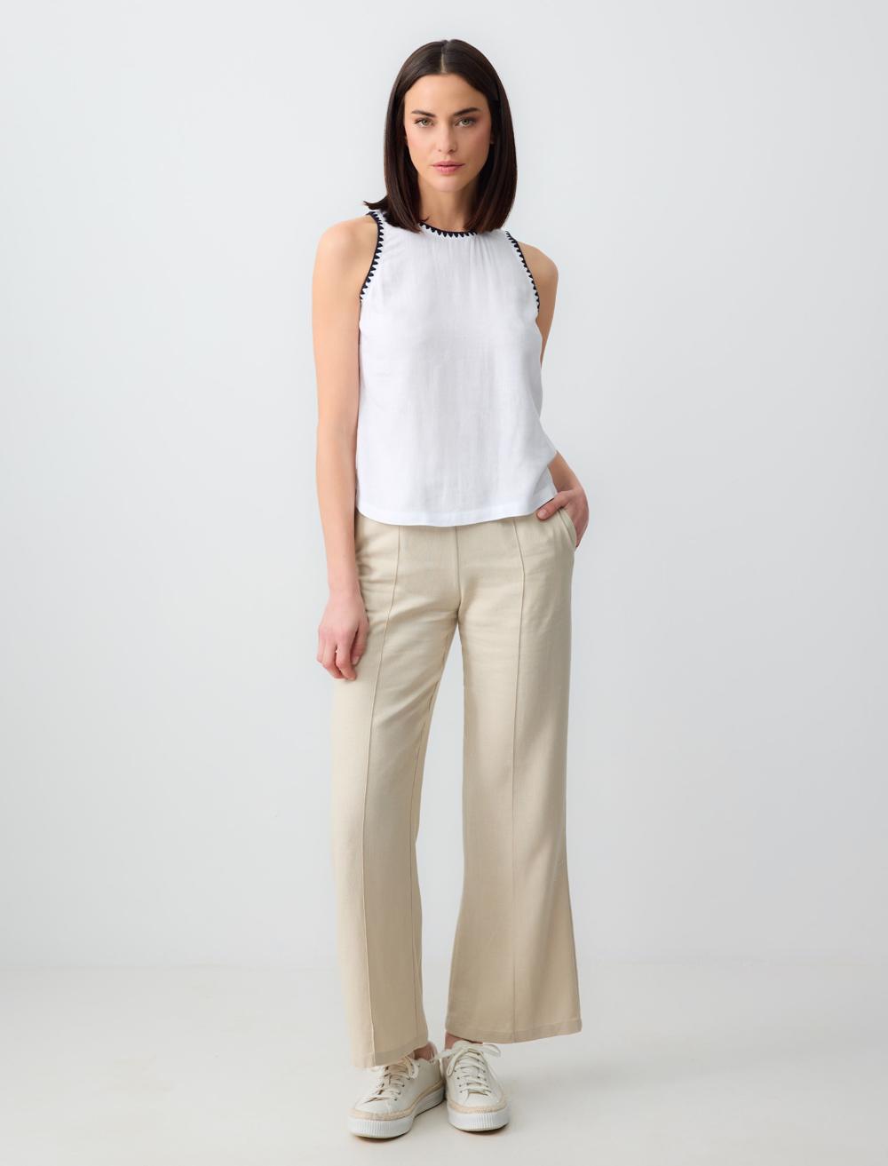 Crew Neck Sleeveless Embroidered Linen Blouse