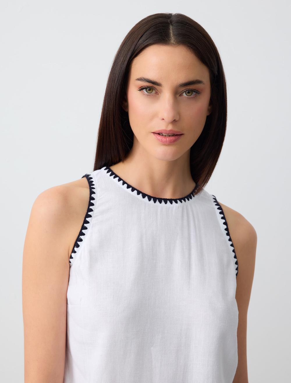 Crew Neck Sleeveless Embroidered Linen Blouse