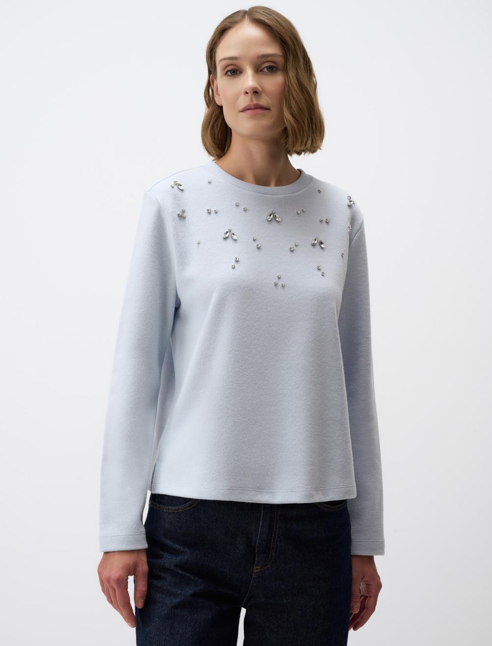 Crew-Neck Knitted Pullover with Shiny Stone Detail