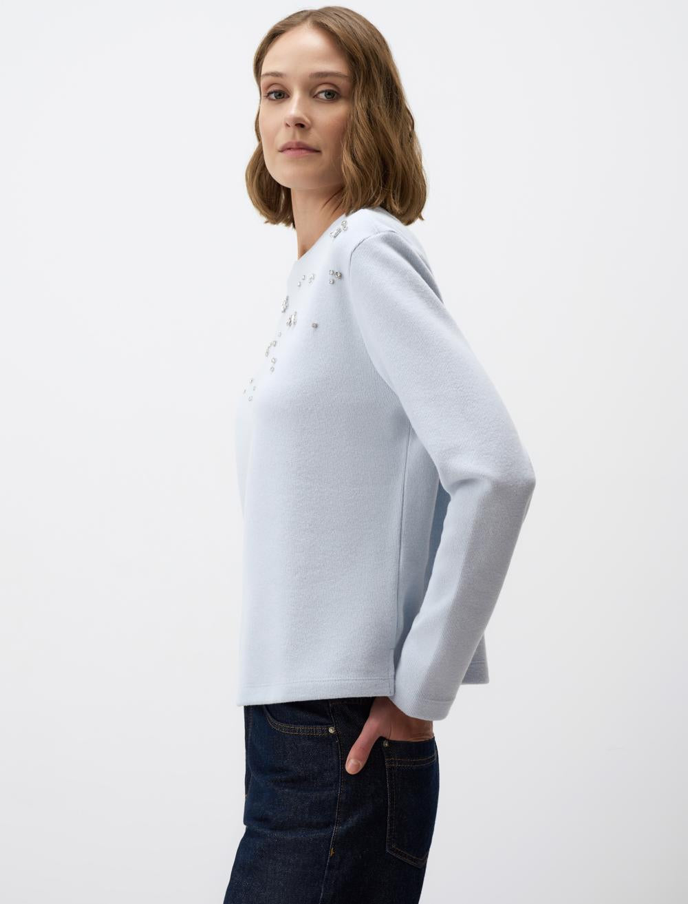 Crew-Neck Knitted Pullover with Shiny Stone Detail