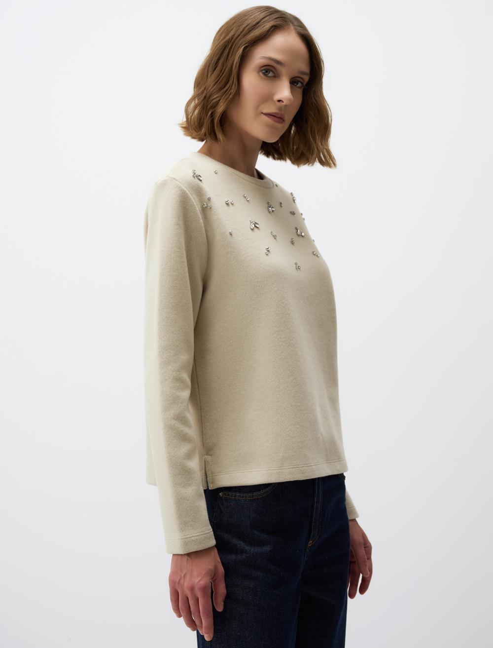 Crew-Neck Knitted Pullover with Shiny Stone Detail