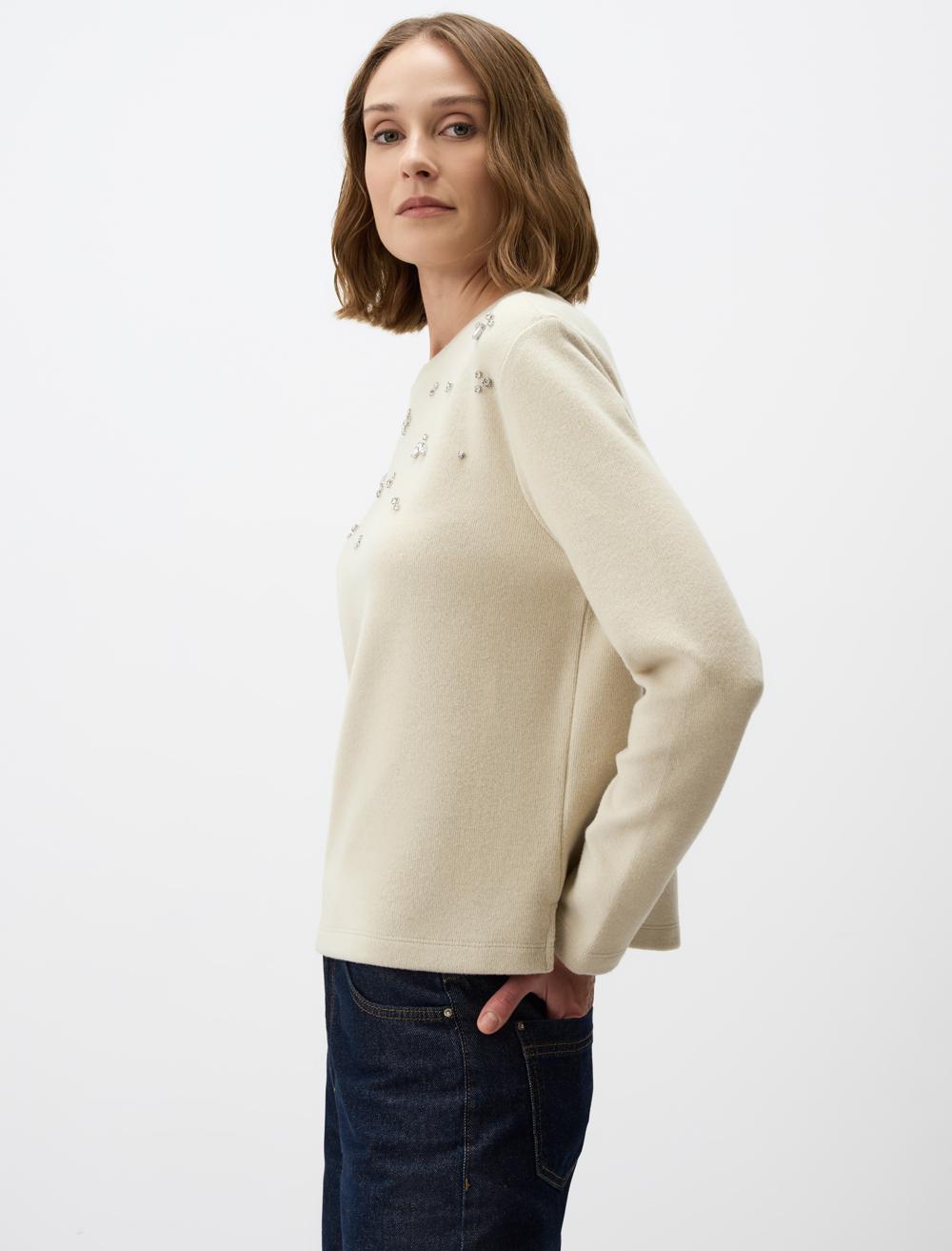 Crew-Neck Knitted Pullover with Shiny Stone Detail
