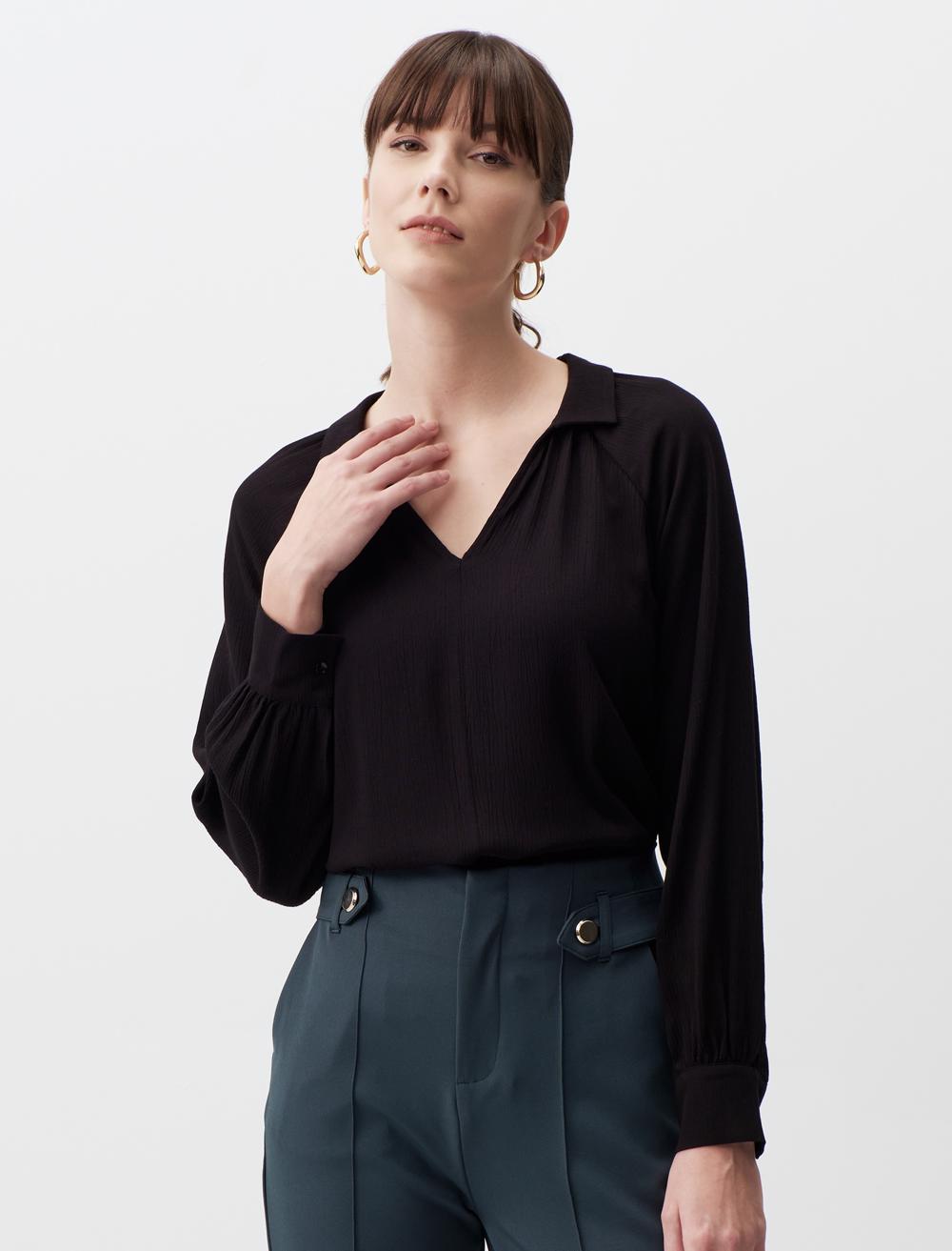 Polo Collar Long Sleeve Elegant Blouse