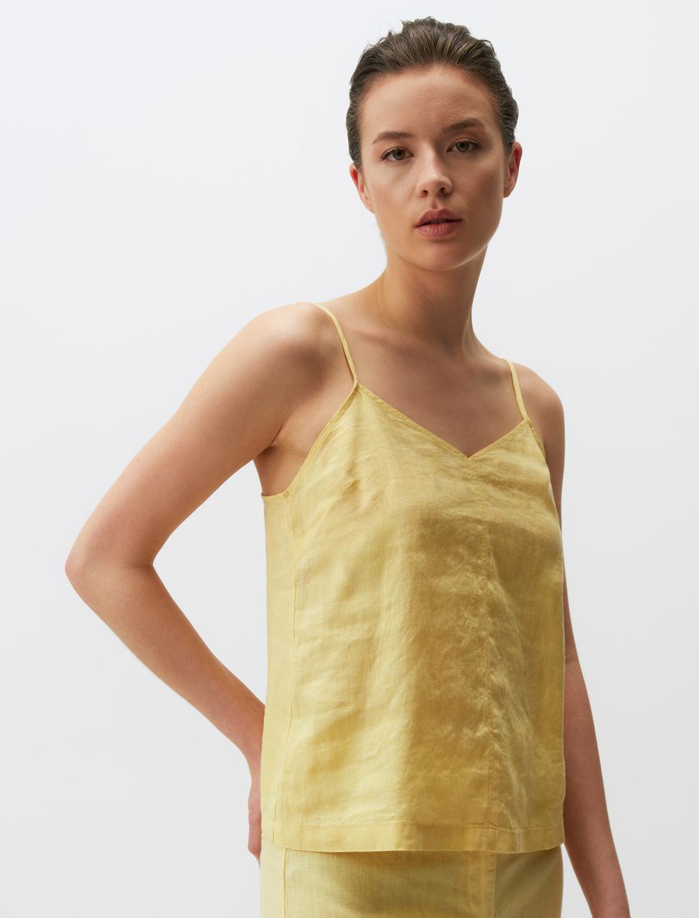 V-Neck Basic Linen Blouse with Straps