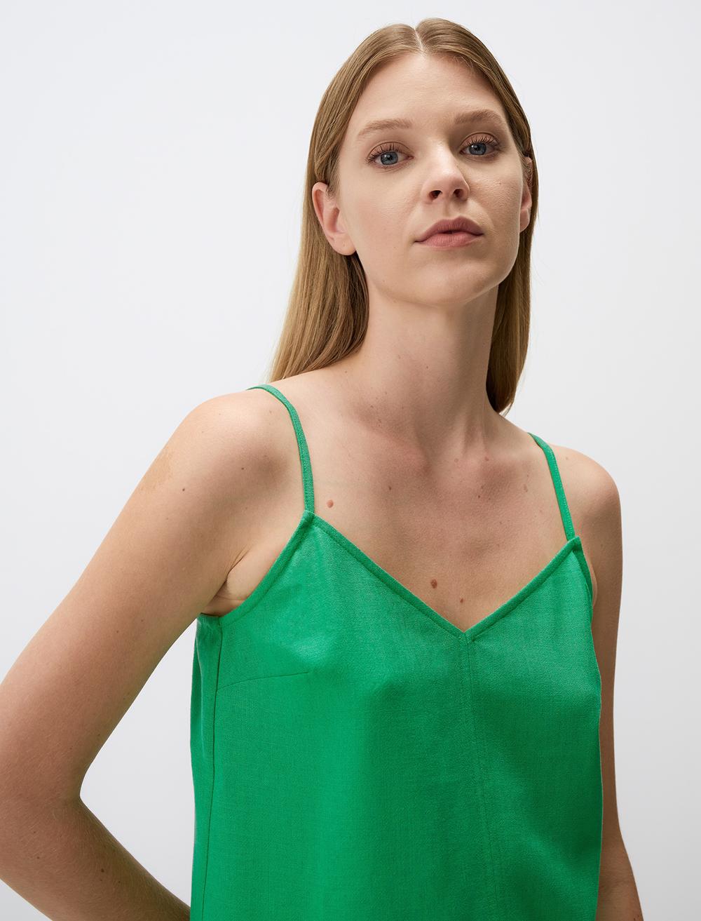 Relaxed Fit V-Neck Linen Blouse with Straps