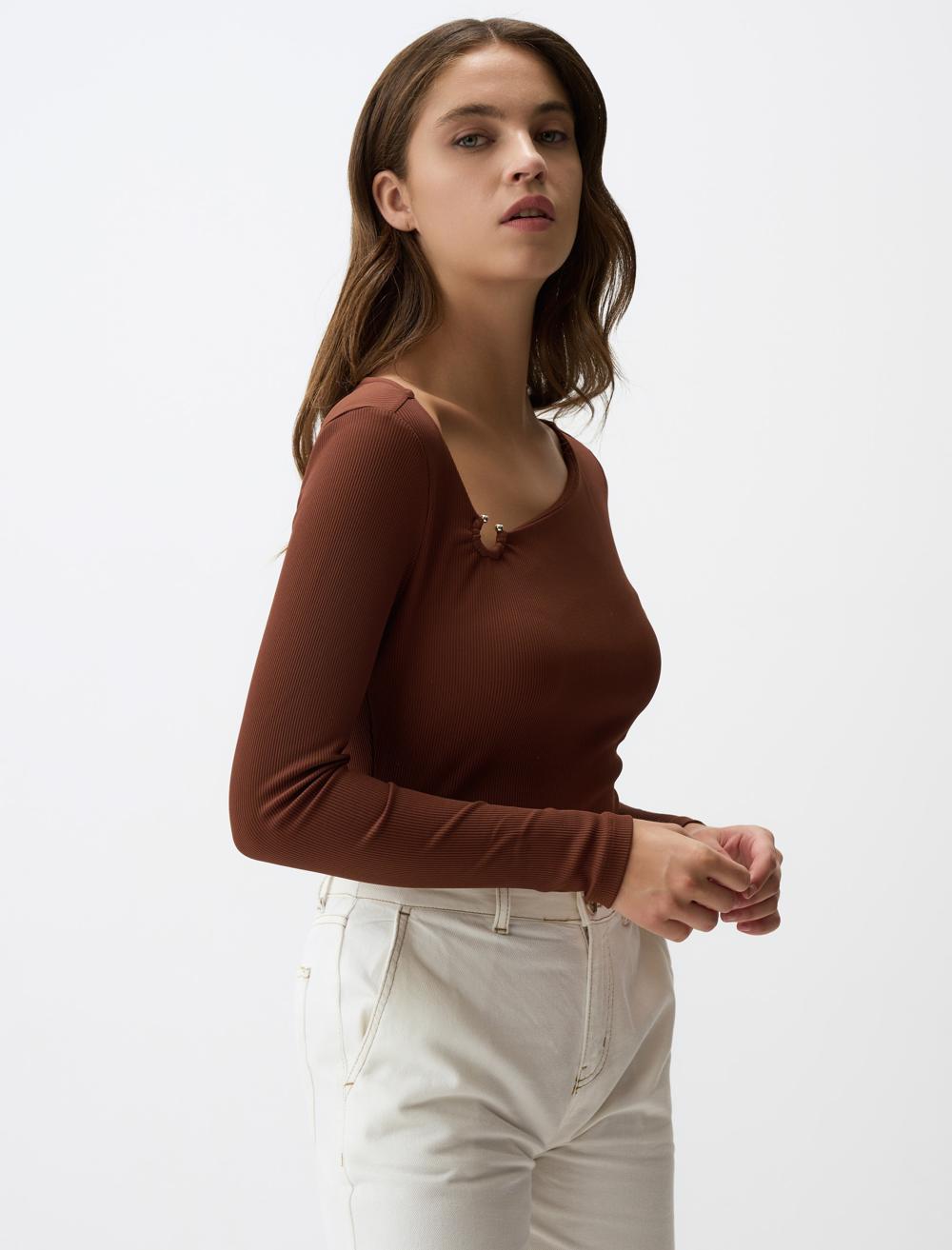 Asymmetric Collar Long Sleeve Slim Fit Blouse