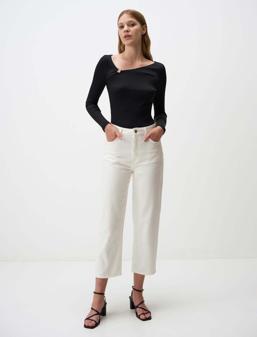 Asymmetric Collar Long Sleeve Slim Fit Blouse