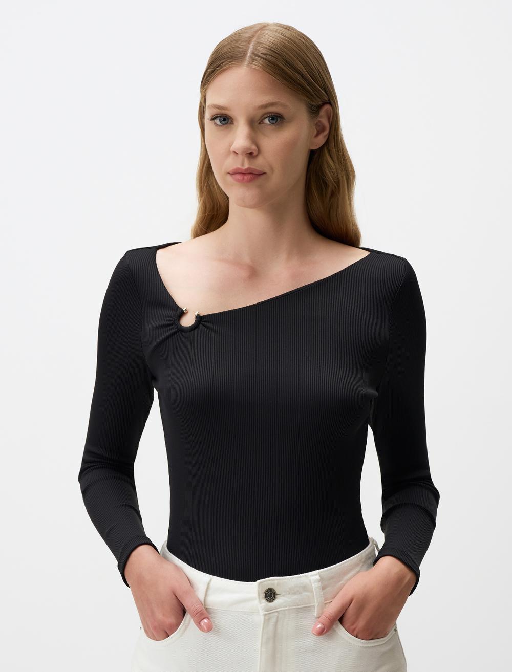 Asymmetric Collar Long Sleeve Slim Fit Blouse