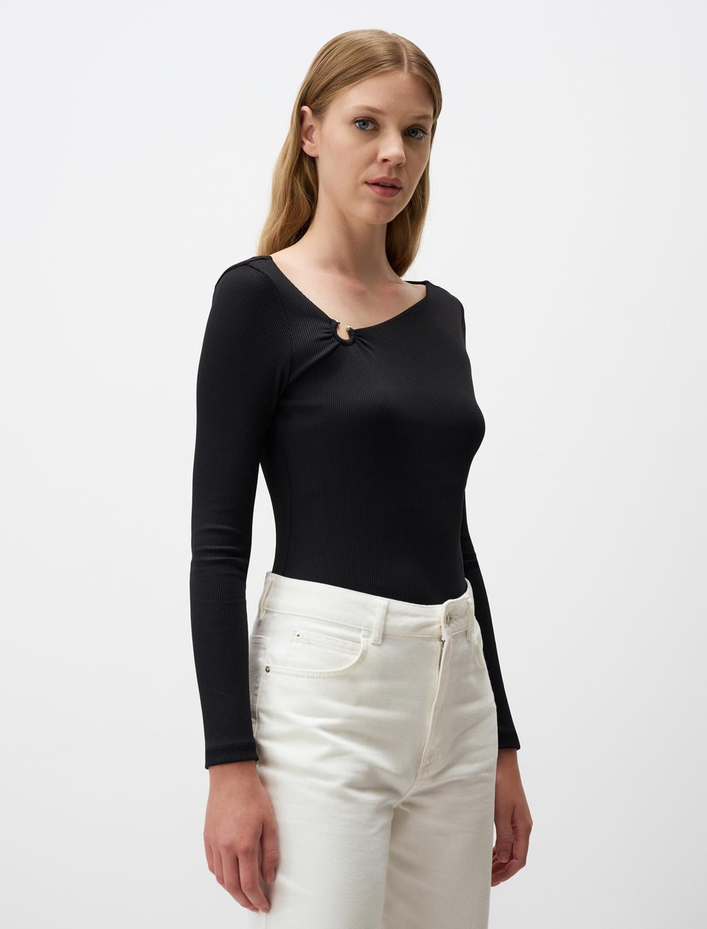 Asymmetric Collar Long Sleeve Slim Fit Blouse