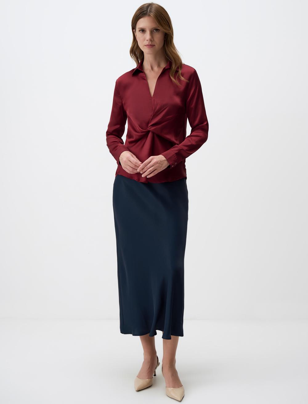 V Neck Long Sleeved Satin Blouse