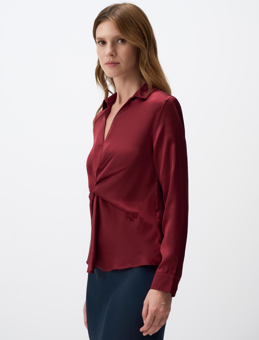 V Neck Long Sleeved Satin Blouse