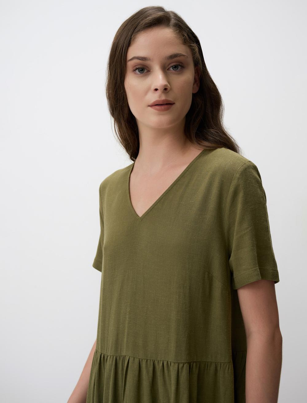 Loose Cut Short Sleeve V-Neck Linen Mini Dress